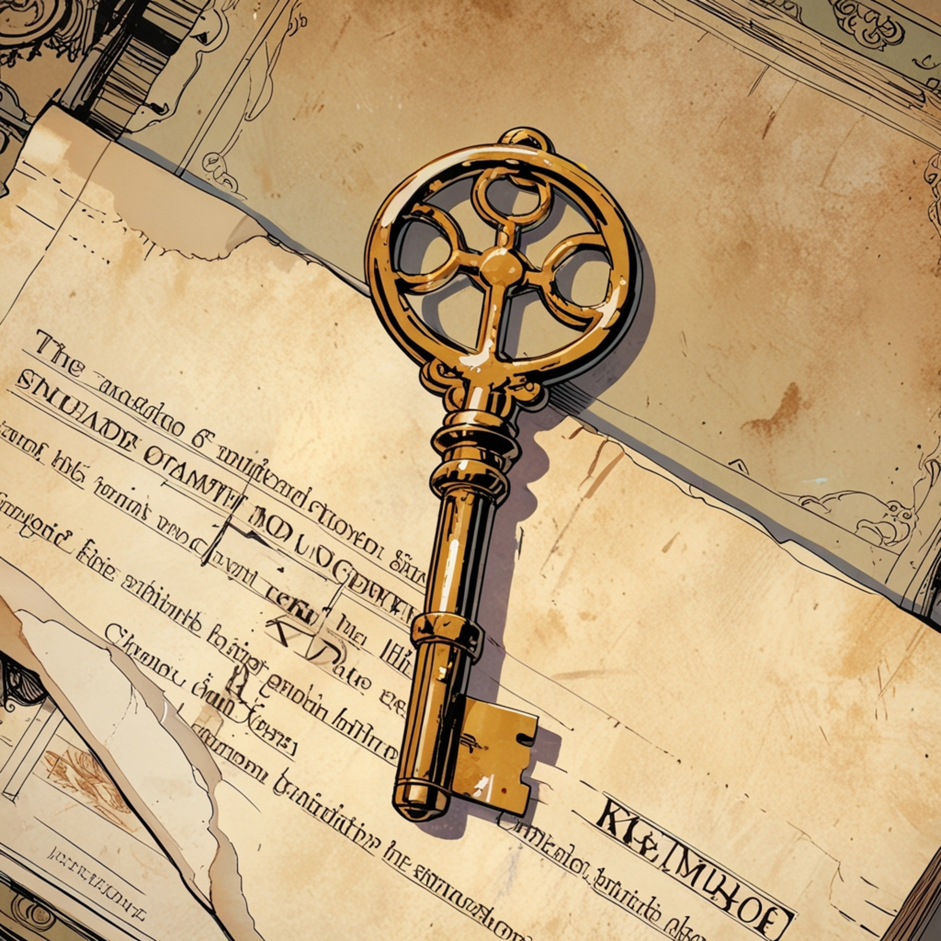 A captivating image showcasing a detailed view of an ornate brass key elegantly resting on a piece of aged parchment paper. T
