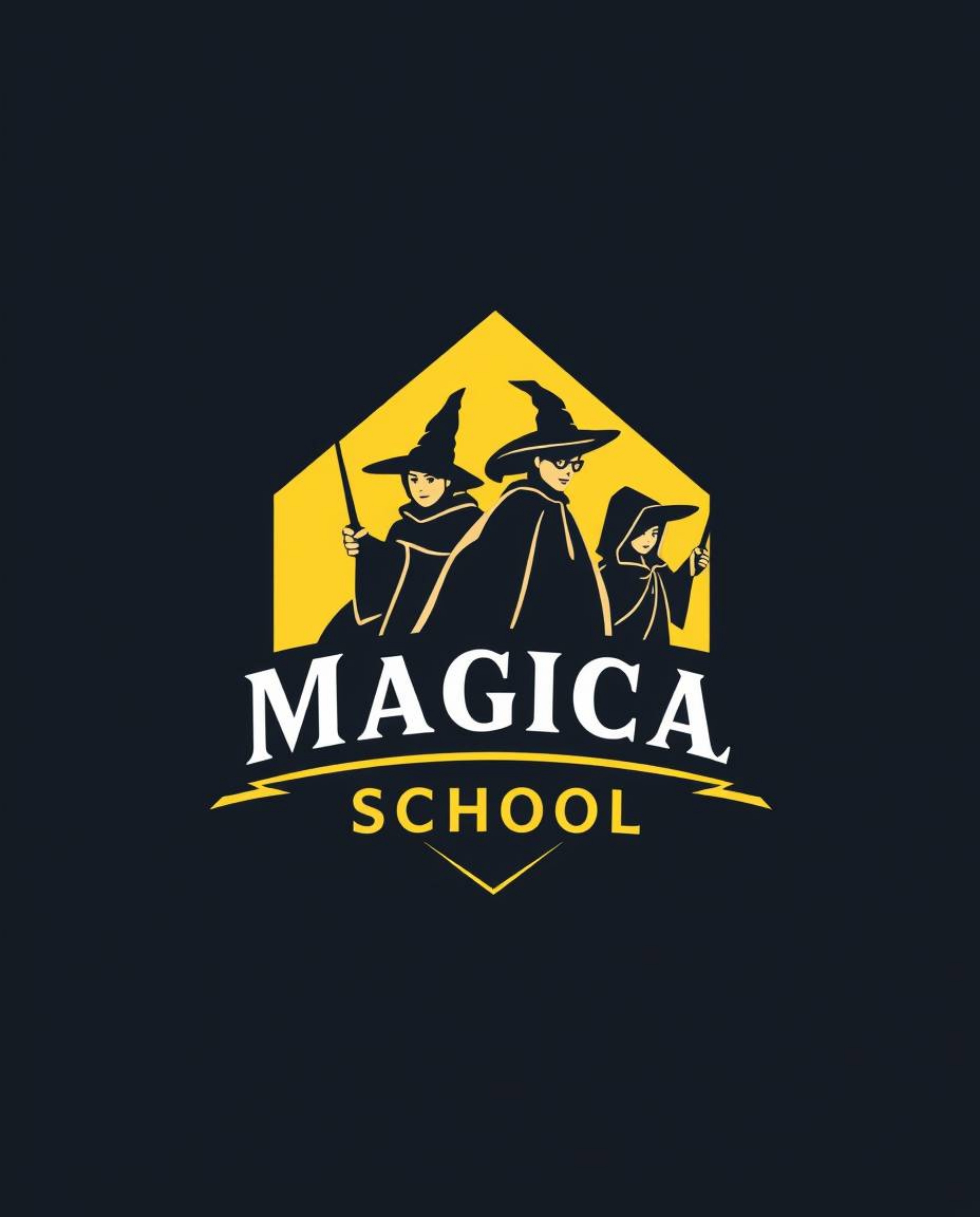 A captivating logo design for a magical school, featuring young wizards.  The logo utilizes strong geometric shapes, clean li