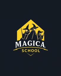 A captivating logo design for a magical school, featuring young wizards.  The logo utilizes strong geometric shapes, clean li