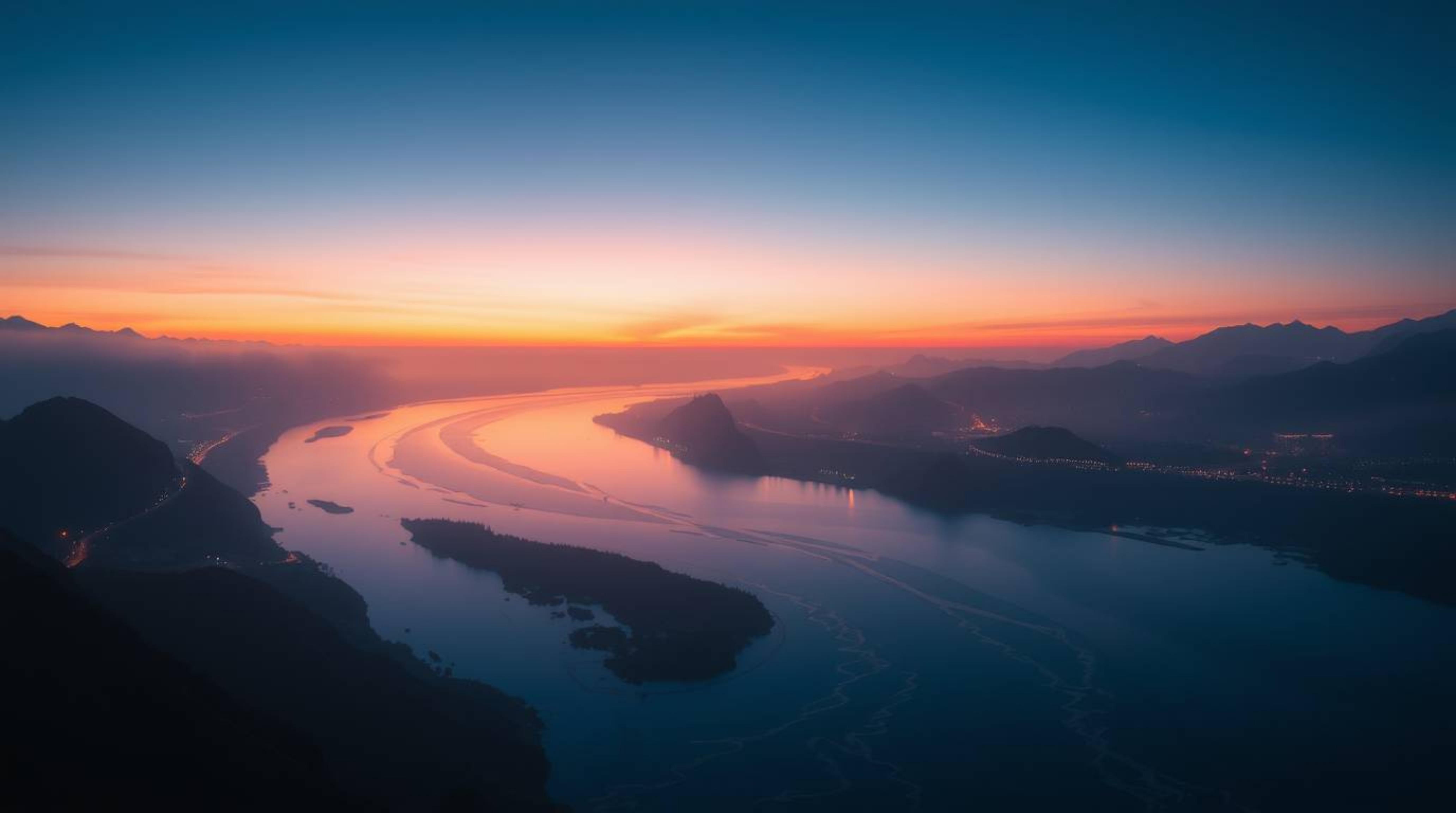 Experience the serene beauty of a river delta bathed in the enchanting colors of twilight. This creative light art rendering 