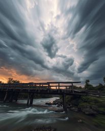 An extreme macro close-up captures the intricate details of an old wooden bridge over a river at sunset. The image is rendere