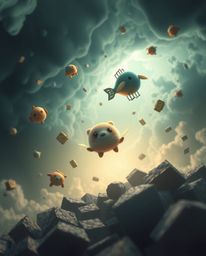 Experience a gentle and surreal storm featuring flying objects and the illusion of broken gravity, all rendered in a soft, di