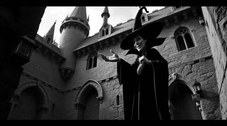 A captivating black and white fine art photograph depicts a classic Disney villain casting a spell within the aged walls of a