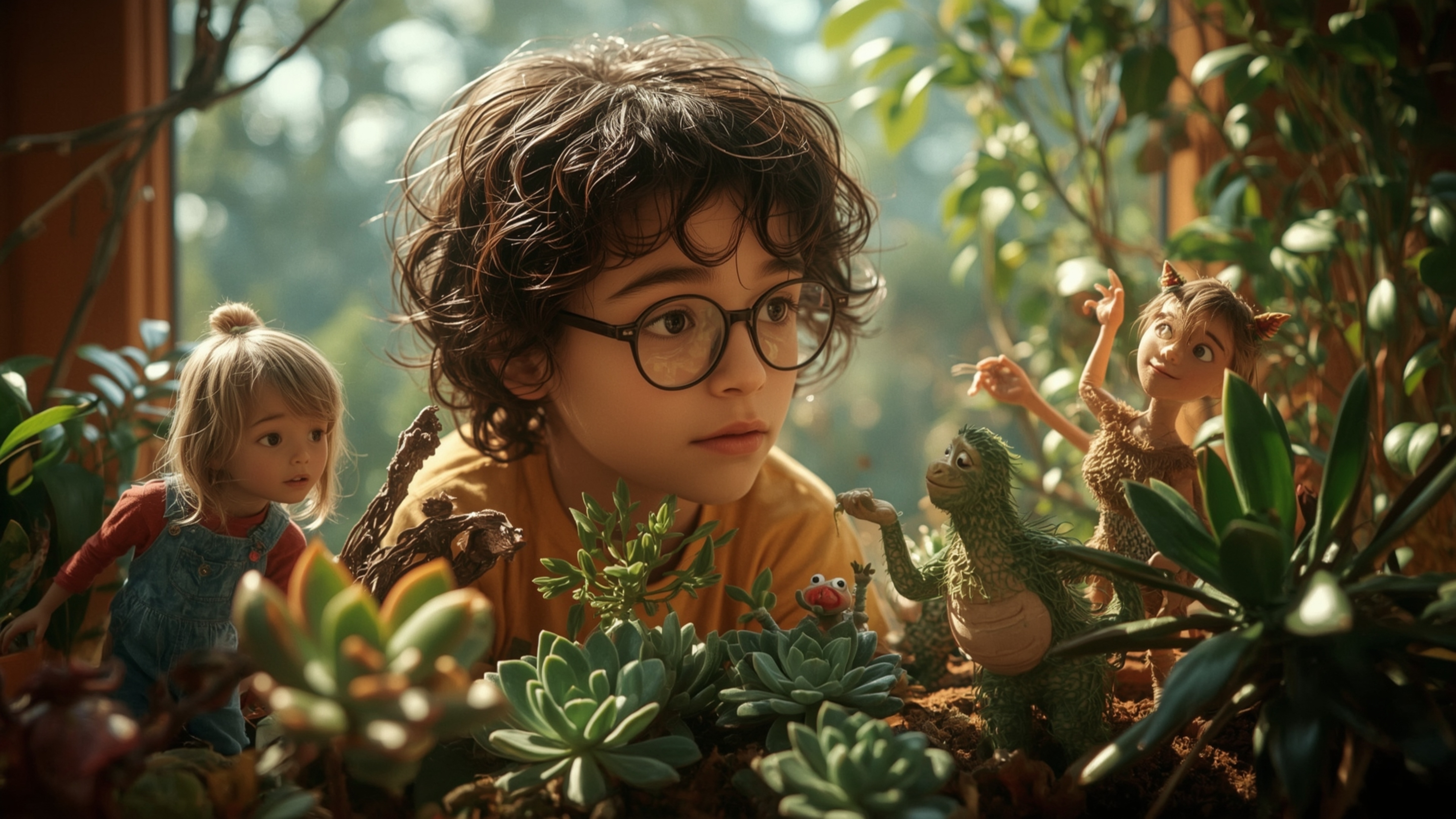 In a vibrant, cinematic photograph reminiscent of Pixar's style, a young, bespectacled homeschooled genius is surrounded by a