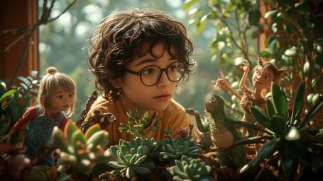 In a vibrant, cinematic photograph reminiscent of Pixar's style, a young, bespectacled homeschooled genius is surrounded by a