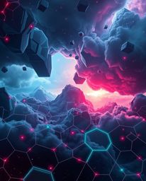 A captivating futuristic sci-fi digital painting showcases a seamless geometric pattern of hexagons and triangles in vibrant 