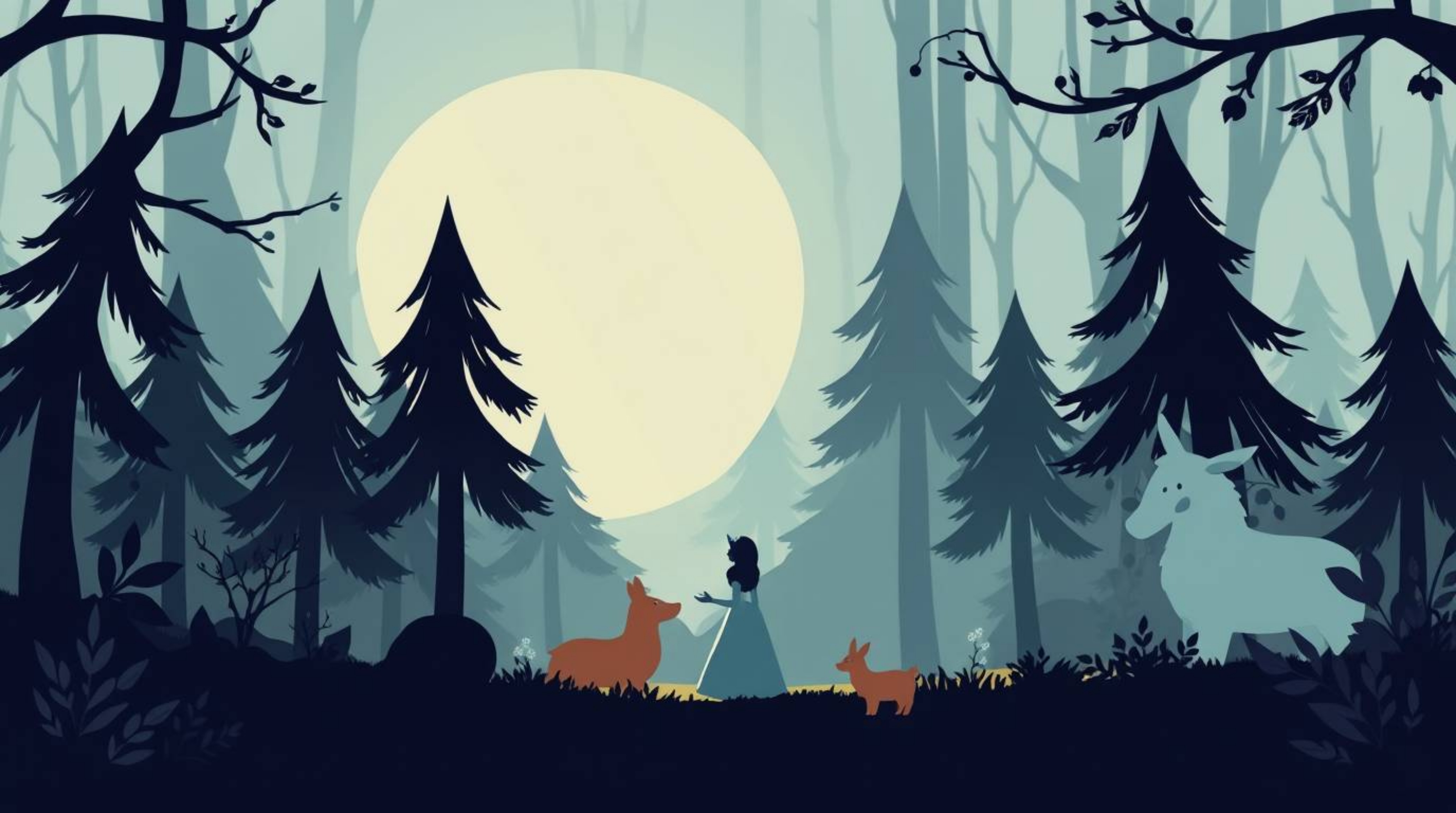 Experience the captivating allure of a princess surrounded by forest creatures in a vintage 2D animation style. This artwork 
