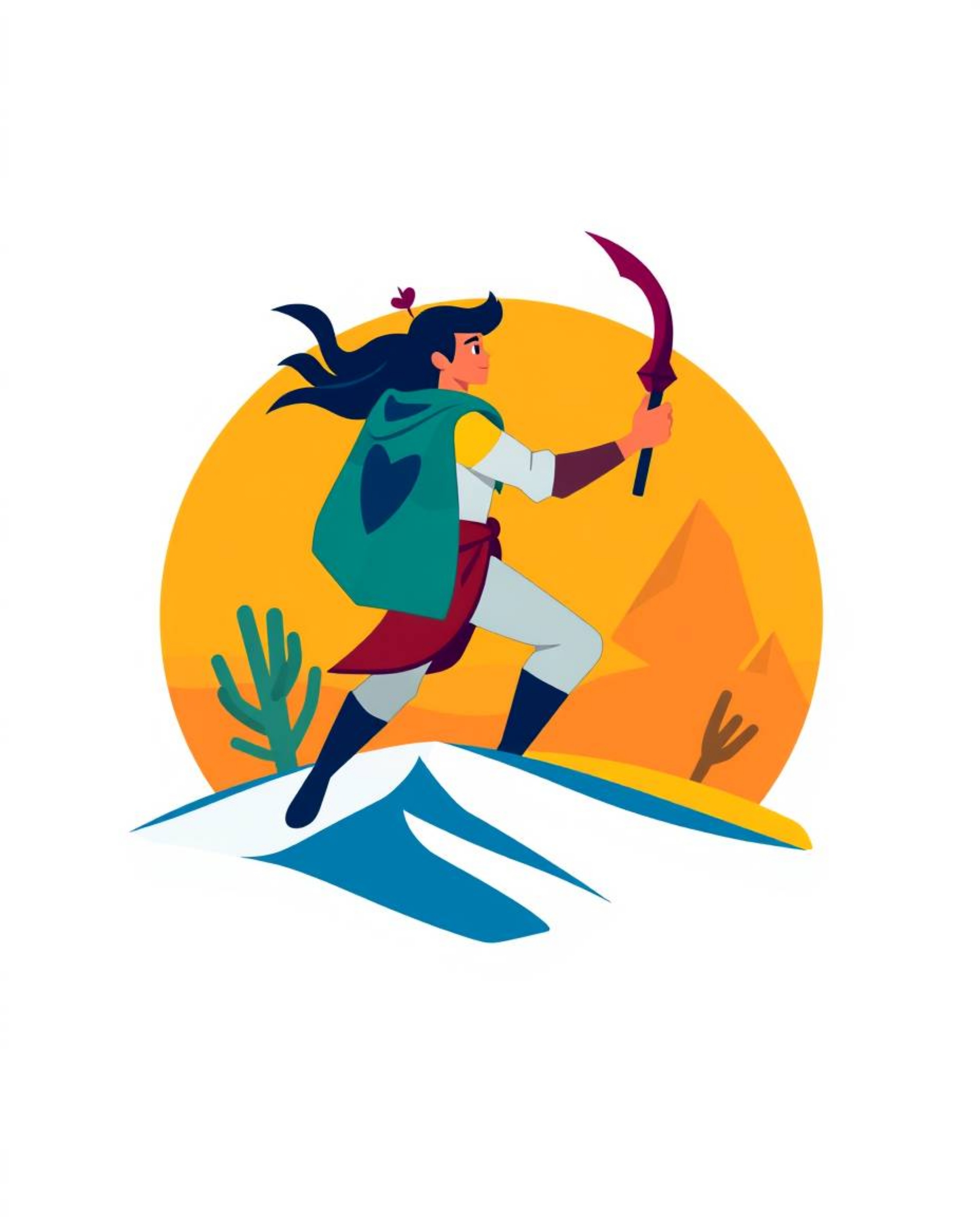 This vibrant and geometric logo design features a graceful and elegant Disney-style brave hero embarking on a desert adventur
