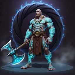 A powerful image depicts a muscular, stoic warrior, their body adorned with intricate, glowing blue tribal tattoos. They stan