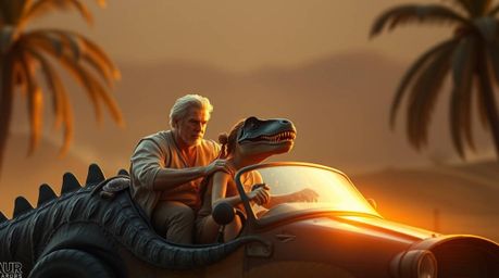 A warm and inviting image depicting a prehistoric family joyfully riding in their dinosaur car, bathed in the soft, golden li