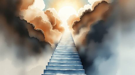 A captivating watercolor painting depicts a surreal stairway ascending through smoky clouds towards a radiant celestial light