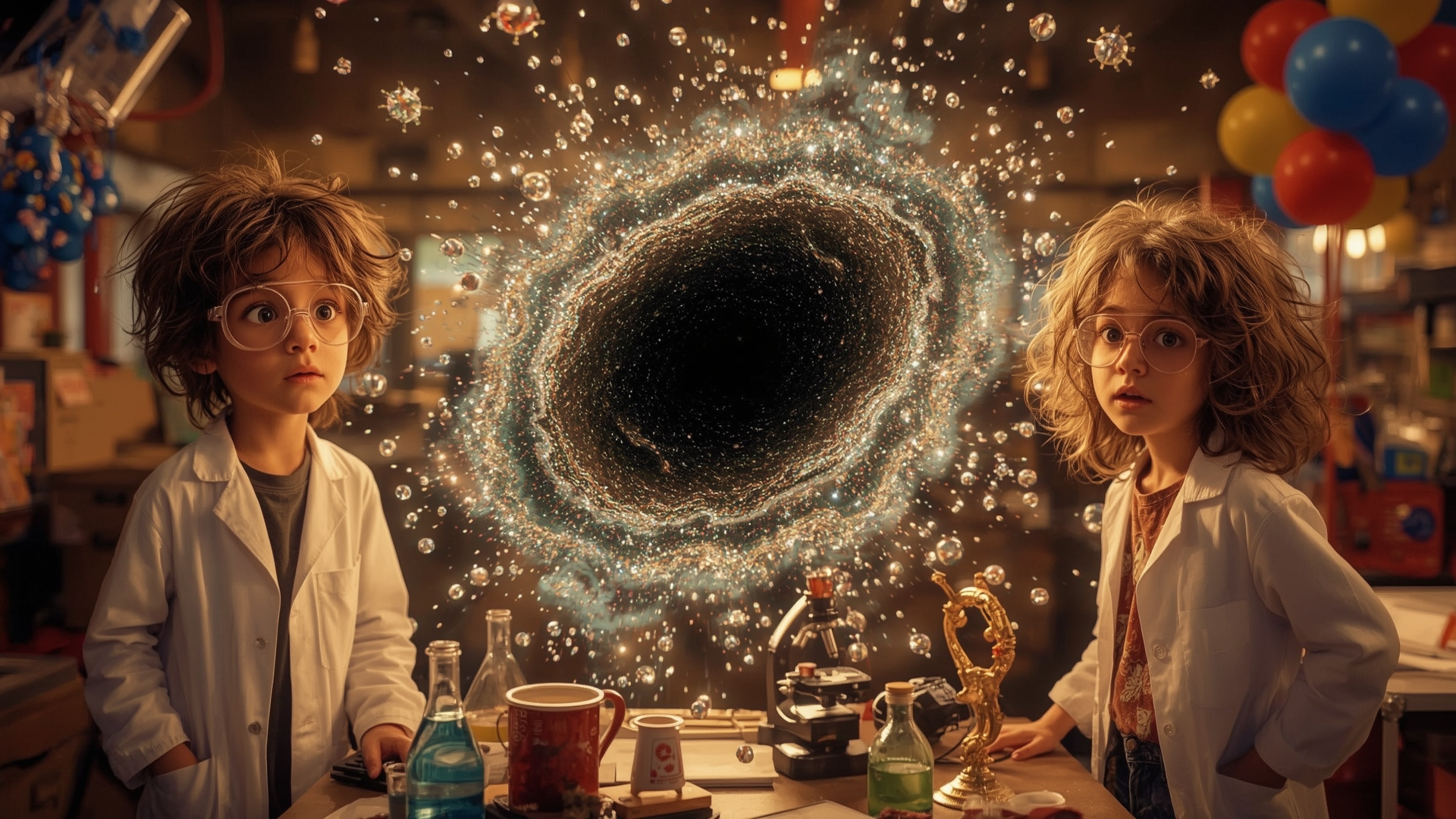 In a cinematic, warmly lit photograph rendered in a whimsical, Pixar-inspired style, a dynamic science fair duo—a boy with in