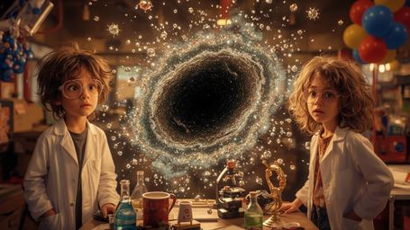 In a cinematic, warmly lit photograph rendered in a whimsical, Pixar-inspired style, a dynamic science fair duo—a boy with in