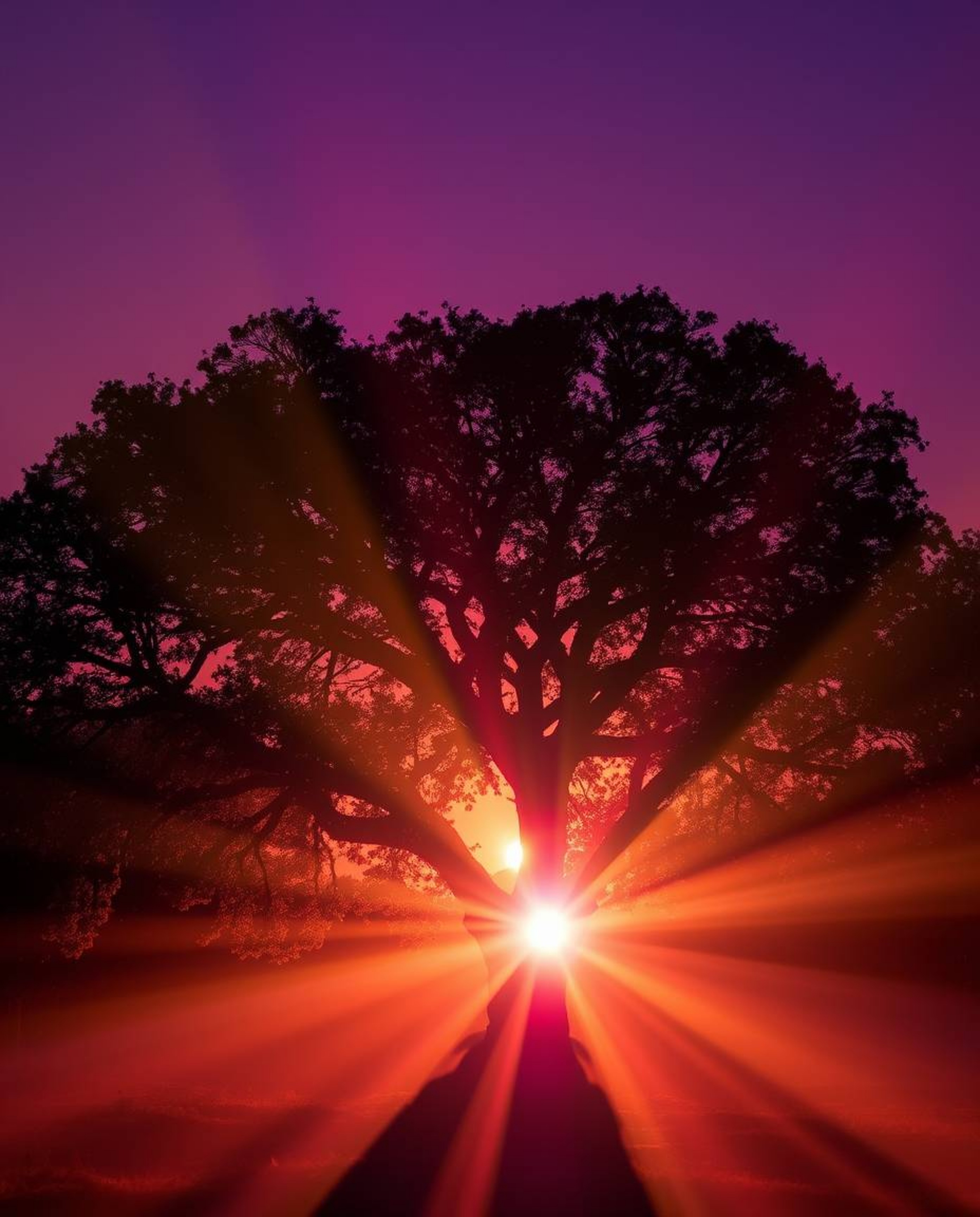 An image characterized by dramatic volumetric lighting, capturing a sunset behind an old oak tree in deep ultraviolet hues. T