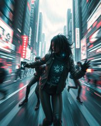 A captivating, surreal image showcases a futuristic city rendered in a dynamic glitch art style.  Flickering infrared lights,