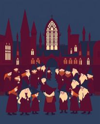 A captivating magical school teeming with young wizards is brought to life through a modern flat design aesthetic. The rich b