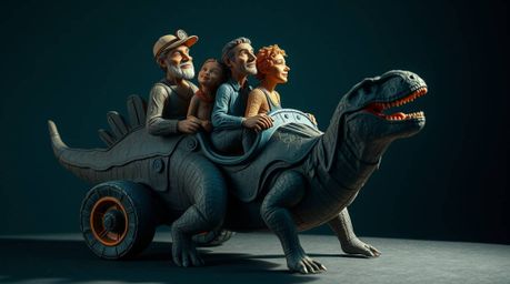 A vibrant and luxurious papier-mâché sculpture depicts a prehistoric family enjoying a thrilling ride in a dinosaur-shaped ca