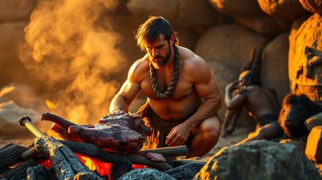 Witness a robust caveman, his tanned skin reflecting the golden hour light, intensely focused on cooking mammoth meat over an