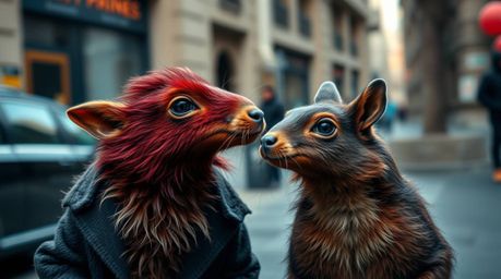 Capture spontaneous and elegant moments of two mischievous talking animals amidst a vibrant urban backdrop. This candid stree