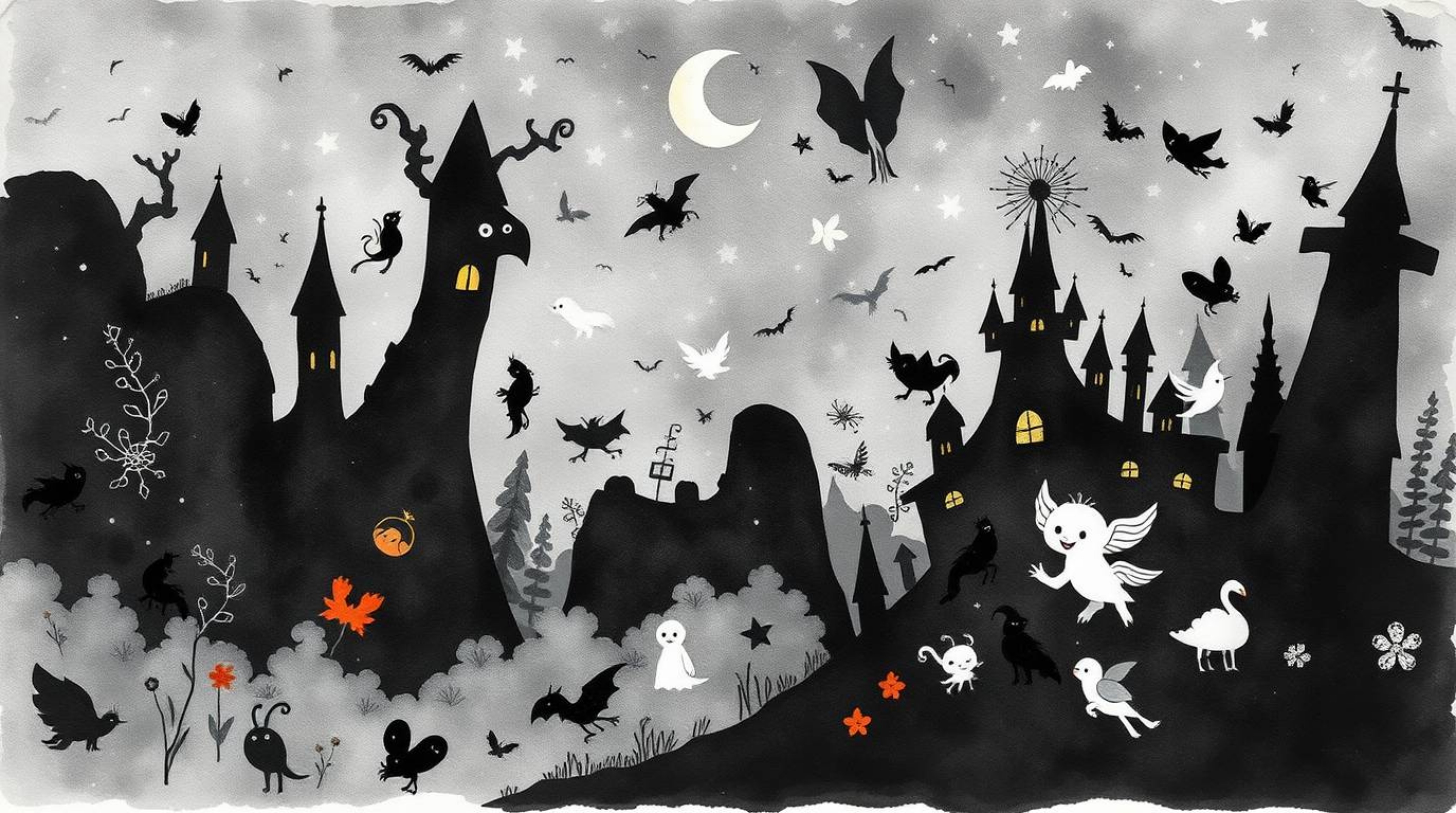 Immerse yourself in a jet black fantasy kingdom brought to life through delicate watercolor techniques.  This artwork feature