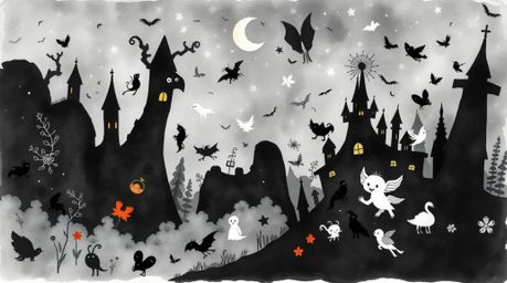 Immerse yourself in a jet black fantasy kingdom brought to life through delicate watercolor techniques.  This artwork feature