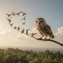 A stunning Pixar-style photograph depicts a blind owl, with exquisite high fashion plumage, precariously balanced on a twig h