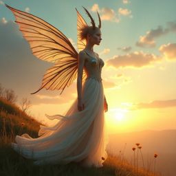 A majestic half-fae creature stands silhouetted against a stunning sunset. With iridescent feathers, shimmering wings, and ra