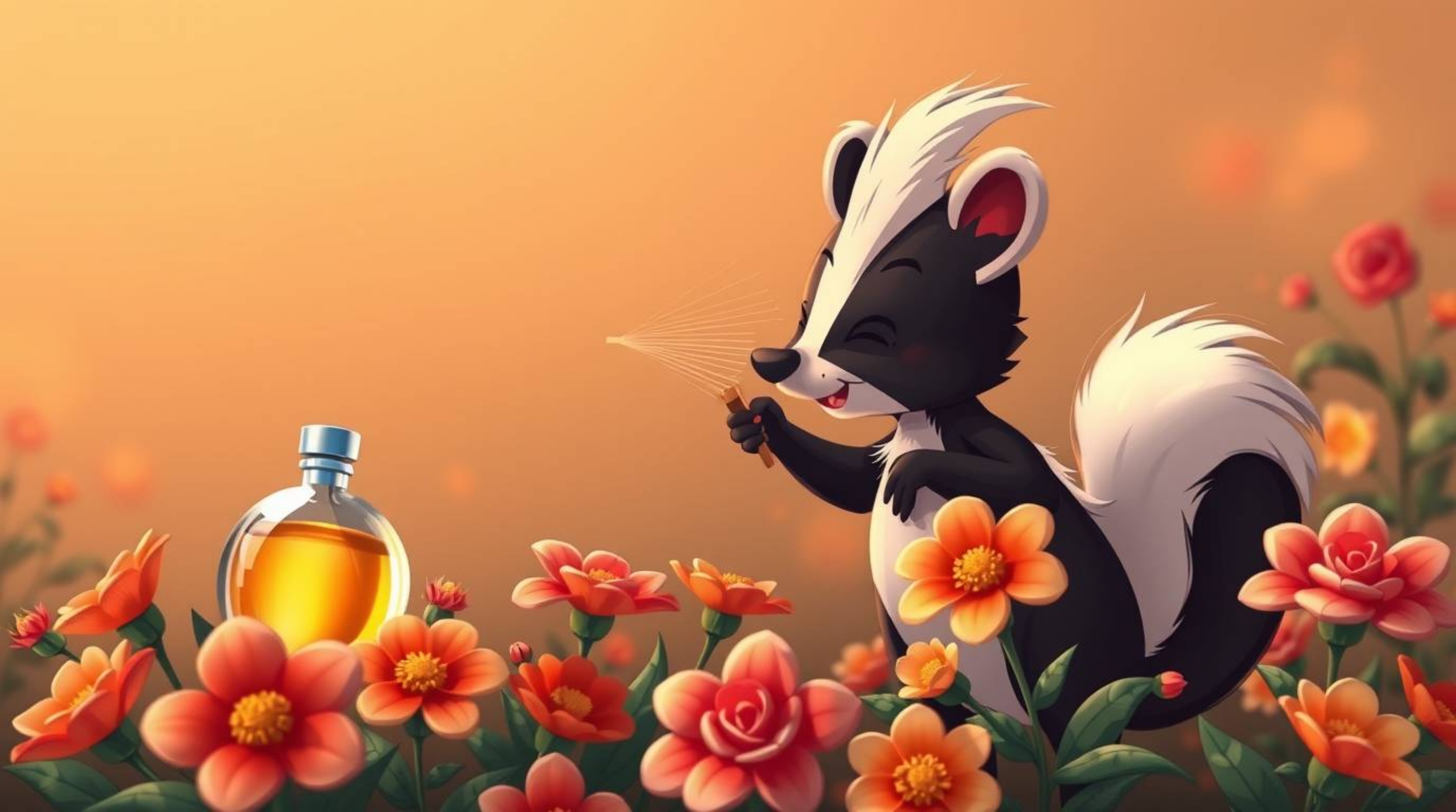 This professional fine art photograph captures a charming cartoon skunk spraying perfume onto vibrant flowers. Rendered in wa