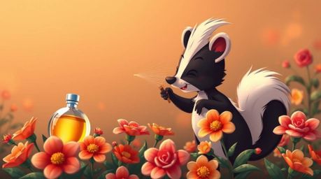 This professional fine art photograph captures a charming cartoon skunk spraying perfume onto vibrant flowers. Rendered in wa