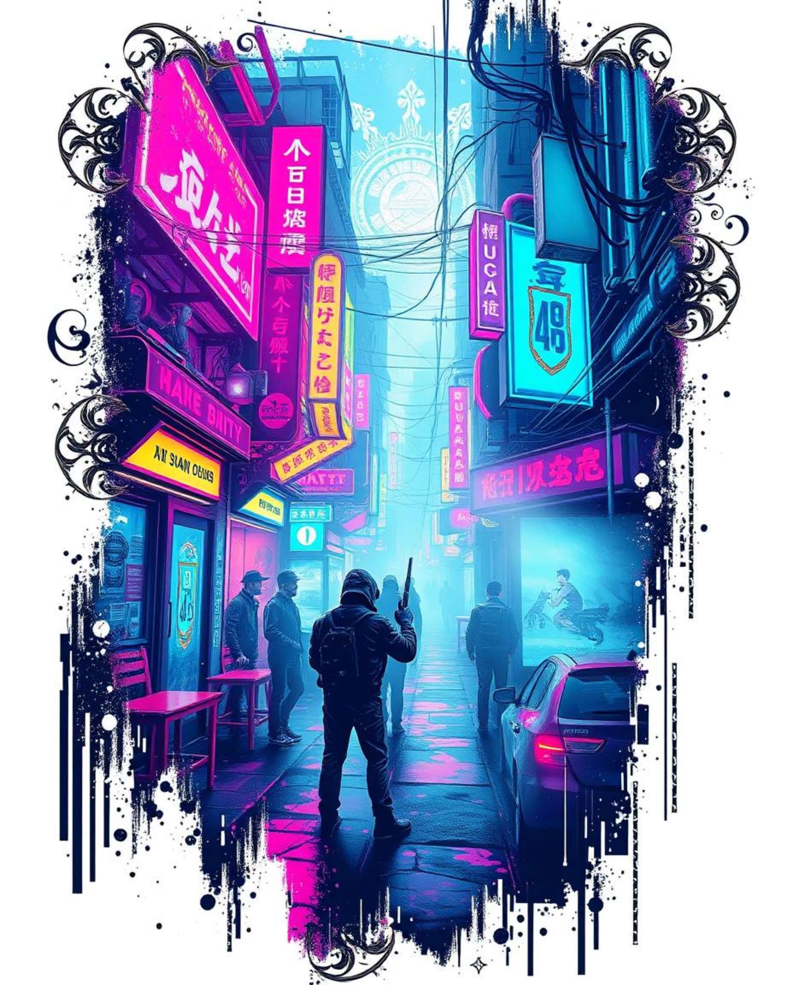 Immerse yourself in the vibrant world of cyberpunk with this symbolic traditional tattoo art print. Featuring a pixelated gli