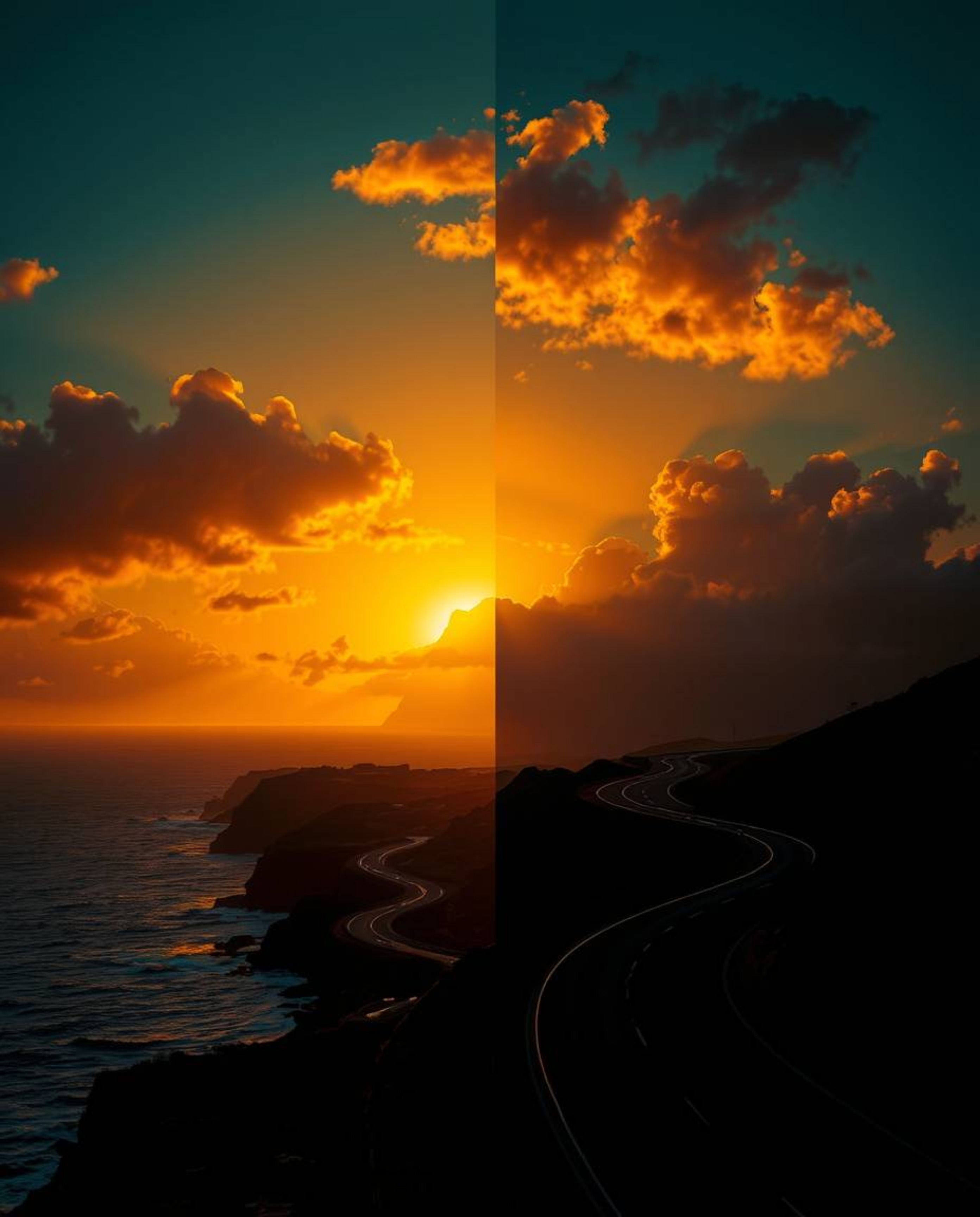 This Art Deco style artwork depicts a graceful and elegant sunset sky over a winding coastal highway. The piece is defined by