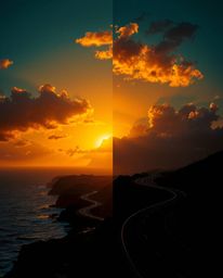 This Art Deco style artwork depicts a graceful and elegant sunset sky over a winding coastal highway. The piece is defined by