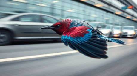 This image captures an extreme macro close-up of a fast-running bird as it zooms past traffic. The rich detail, sophisticated