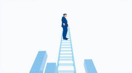 A soft pastel, geometric logo featuring a refined businessperson ascending a transparent ladder that vanishes into a blue sky