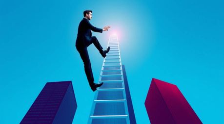 A sophisticated abstract artwork depicts a successful businessperson ascending a transparent ladder that disappears into a vi