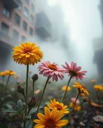 A mesmerizing collection of images capturing the resilient beauty of flowers blooming amidst the desolate landscape of a post