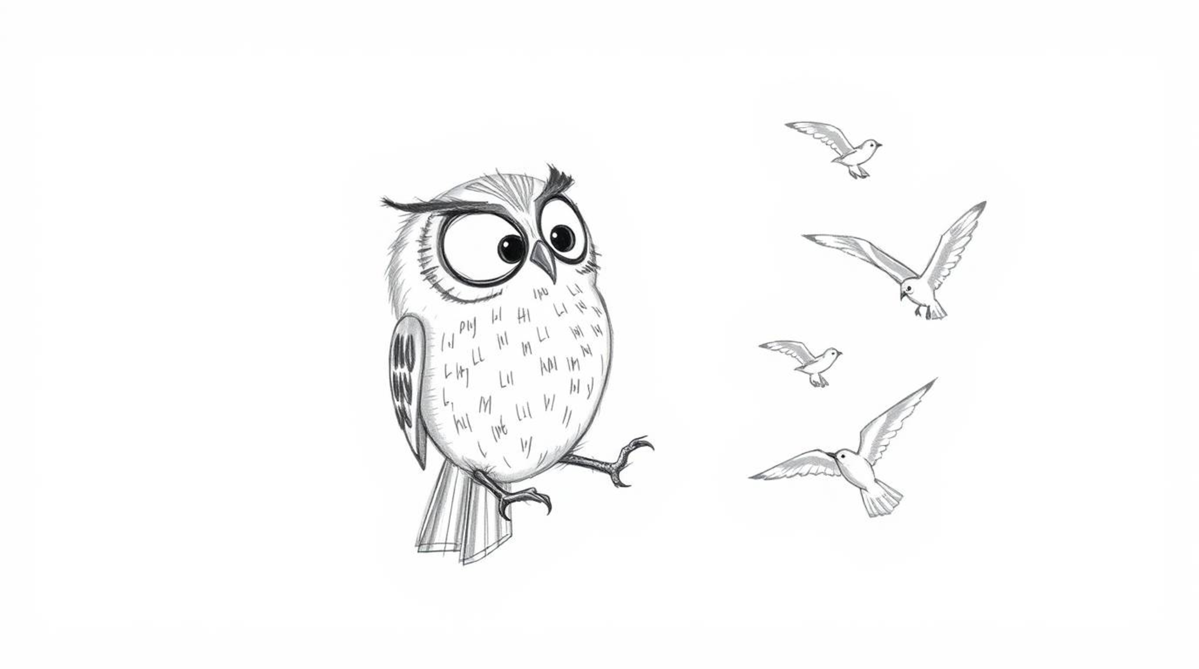 A heartwarming hand-drawn sketch reminiscent of Pixar, showcasing a blind owl with textured pencil strokes as it teaches bird