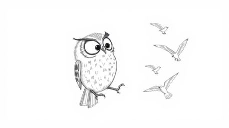 A heartwarming hand-drawn sketch reminiscent of Pixar, showcasing a blind owl with textured pencil strokes as it teaches bird
