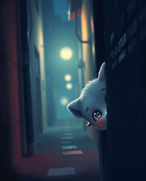 A captivating digital painting portrays a pair of eyes peering from the dark recesses of a shadowy alley at night. Rendered i