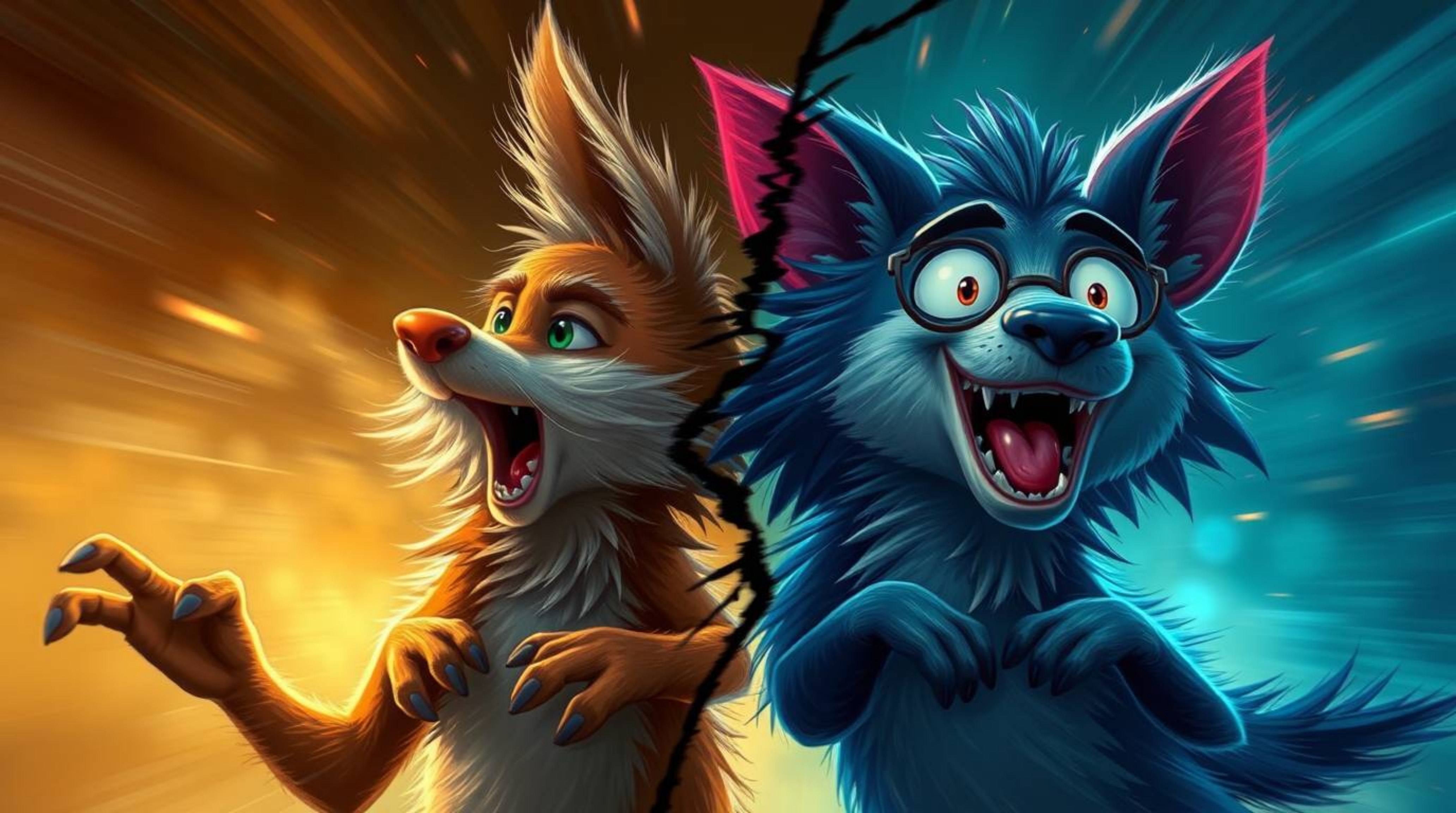 A captivating image showcases a dynamic split composition of two talking animals engaged in playful mischief.  The scene is v