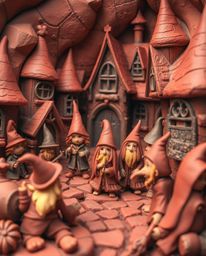 A captivating clay sculpture depicting a magical school brimming with young wizards.  Warm, vibrant hues of red, orange, and 