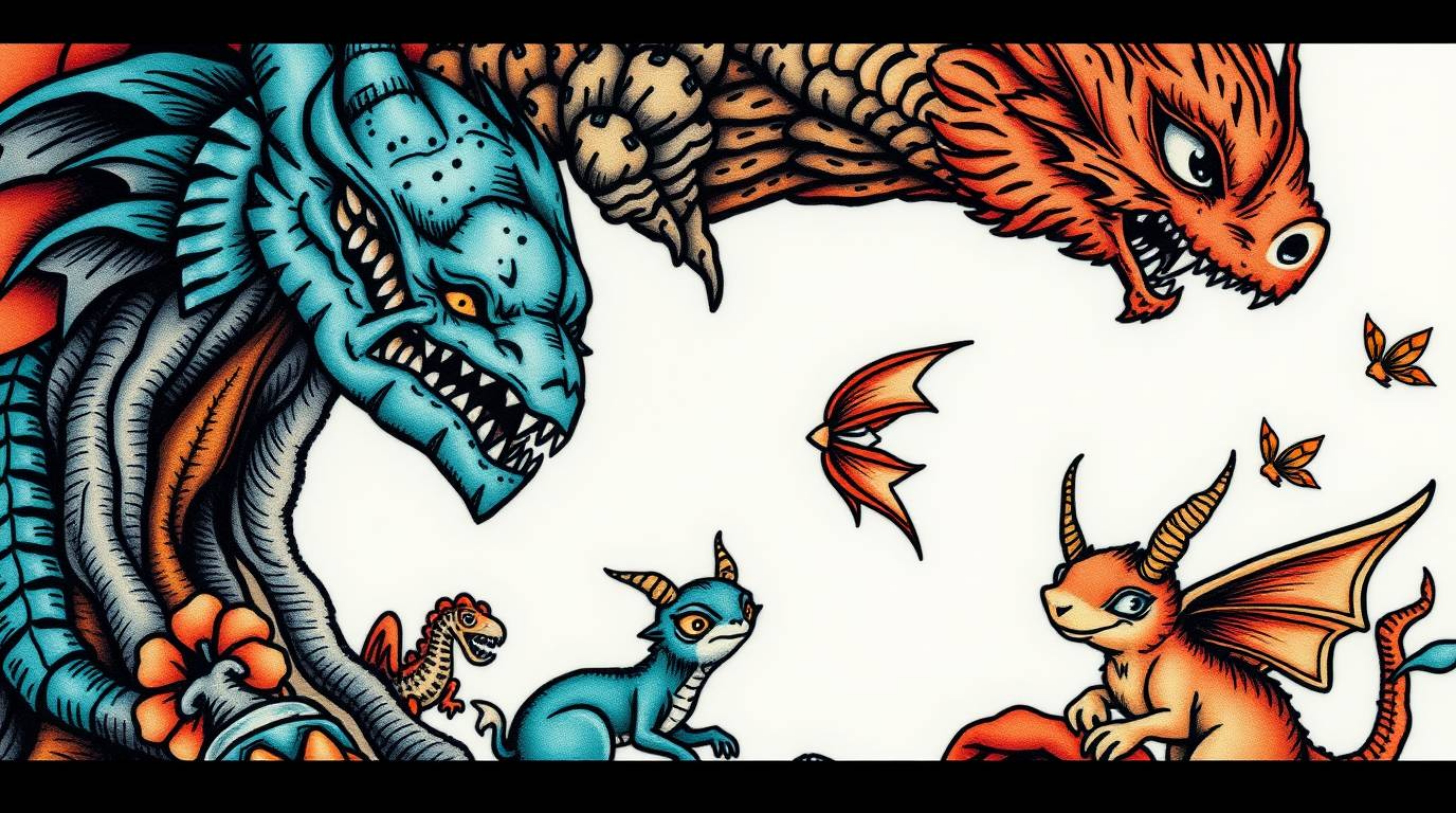 This art print showcases a traditional tattoo style featuring a close-up shot of a vibrant fantasy kingdom populated with qui