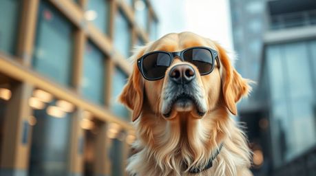 Experience stunning architectural color photography featuring a sharp-focused Golden Retriever detective equipped with high-t
