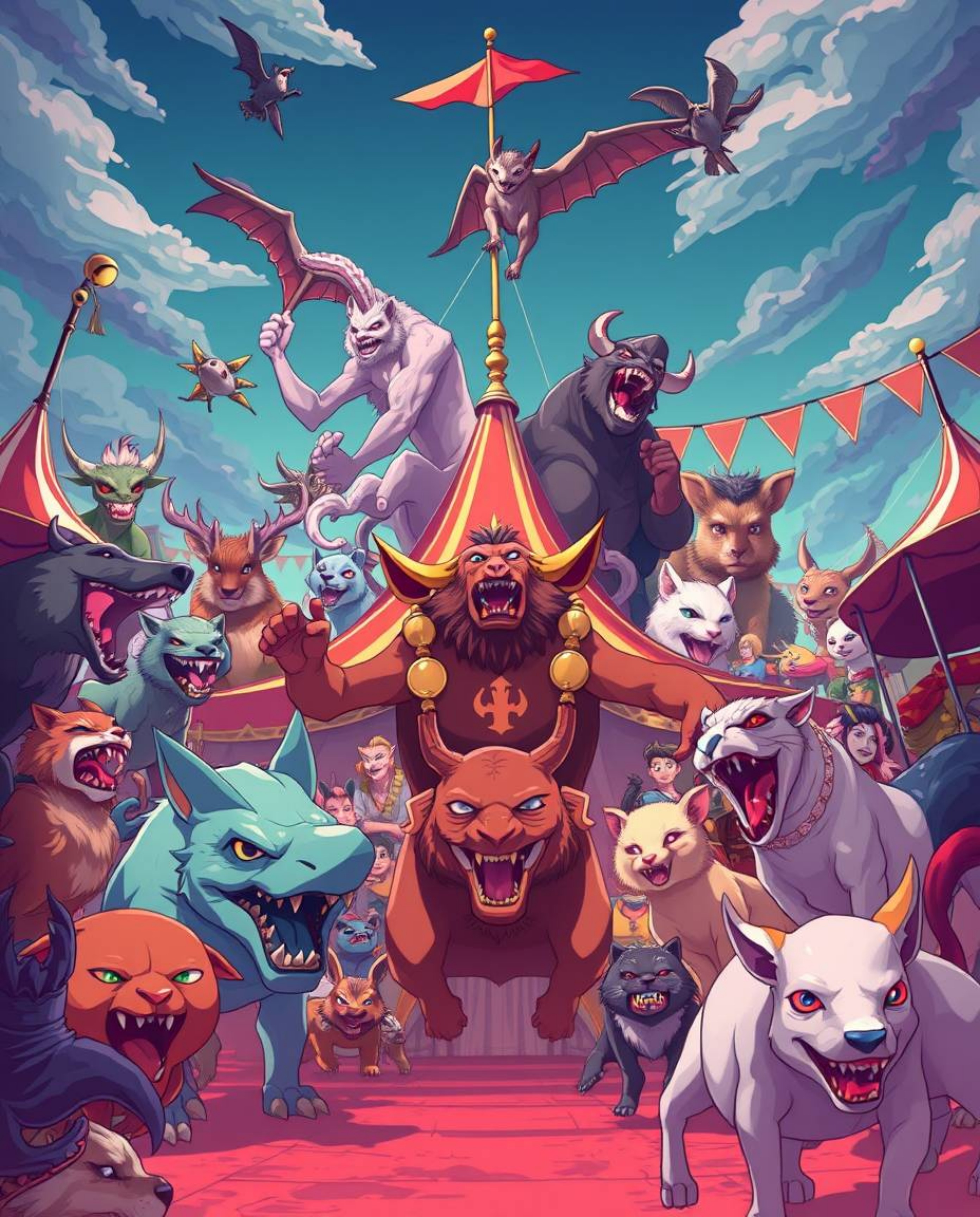 Experience a captivating isekai anime style carnival scene overrun by wild animals, boasting smooth gradient transitions and 
