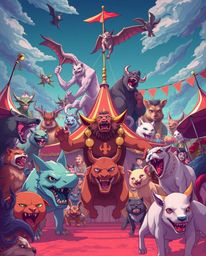 Experience a captivating isekai anime style carnival scene overrun by wild animals, boasting smooth gradient transitions and 