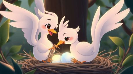 Two charming cartoon birds collaborate on building a nest in a classic animation style, showcasing graceful and elegant refin
