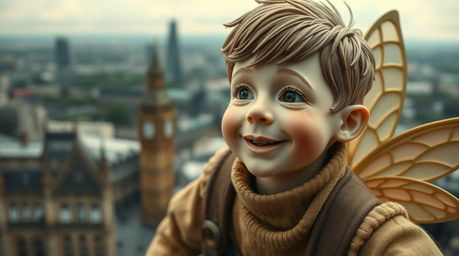 An extreme macro close-up captures a young boy with rosy cheeks, flying above London with pixie dust. The artwork showcases t