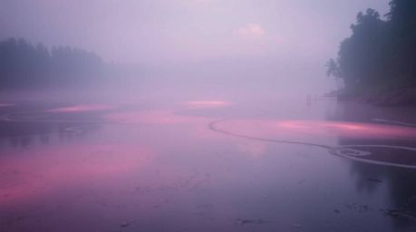 An ethereal river delta glows in soft pastel twilight colors, creating a gentle and soothing mood.  This wet, rainy scene fea