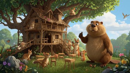 A high-resolution, professional-quality digital image shows a busy beaver building an intricate, whimsical treehouse for orph