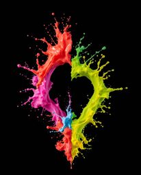 A striking split composition captures dynamic, colorful splashes frozen in time against a stark black background. The bold di